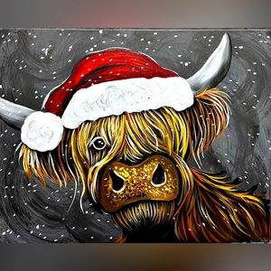 Original Art Santa Highland Cow Painting signed by the Artist -Me :)